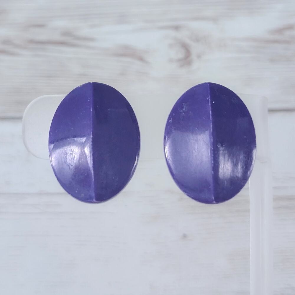 Vintage Clip On Earrings Purple Oval with Raised Center Crease Large Some Marks